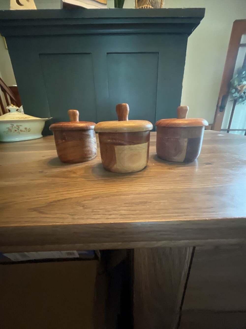 Vintage Hand Turned Wooden Lidded Canister Set Trio Wooden Storage Bowls